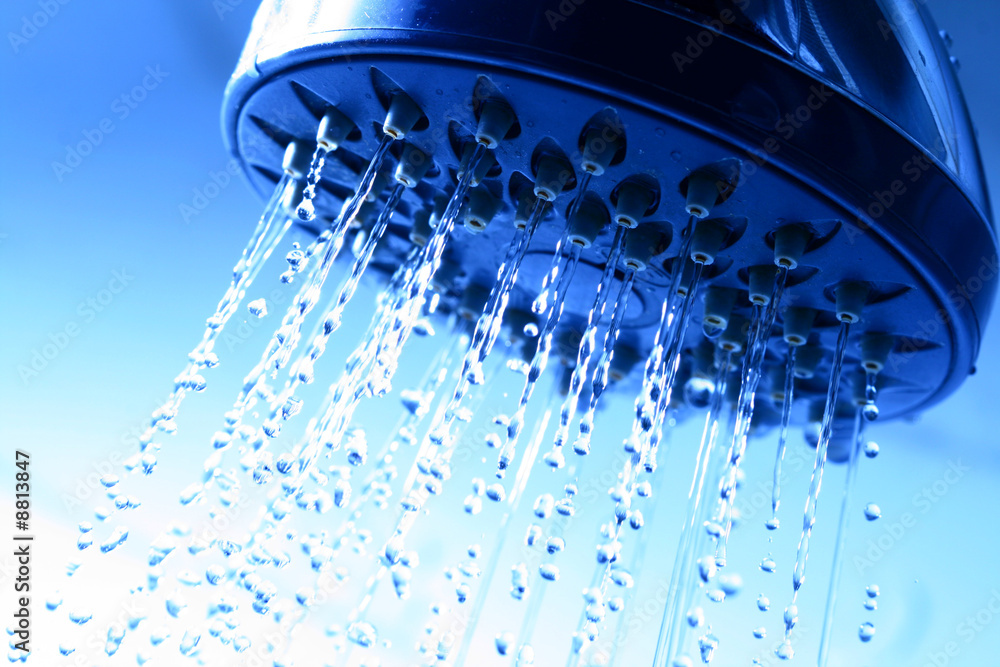 fresh shower clean blue water jet - obrazy, fototapety, plakaty 