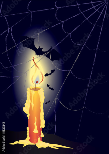 halloween illustration with candle, bats and spiderweb