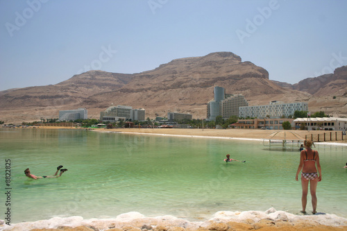 dead sea salt lake with hotels in desert