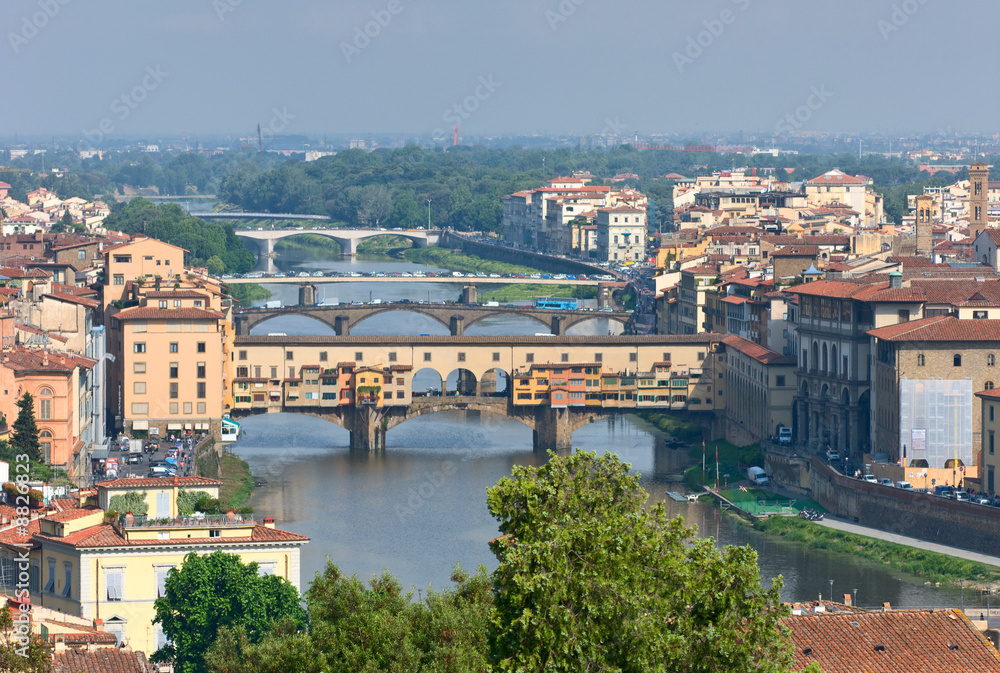 Cityscape of Florence in Italy with bridges across Arno river