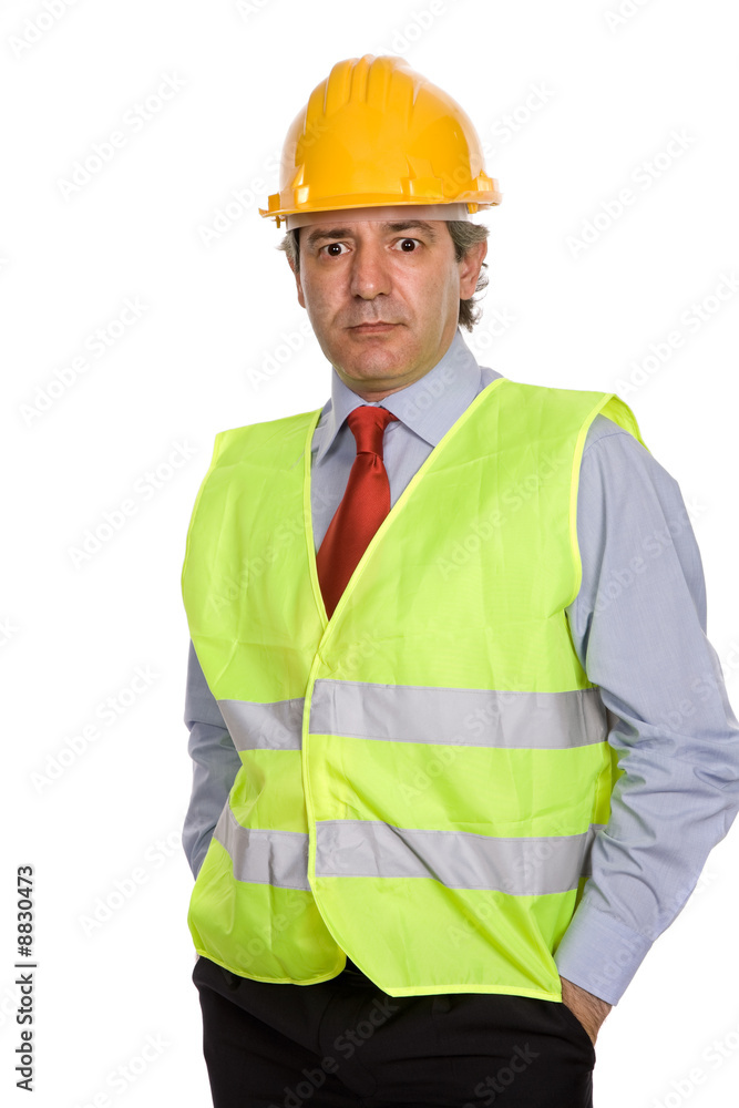 An engineer with yellow hat, isolated on white An engineer with yellow hat, isolated on white