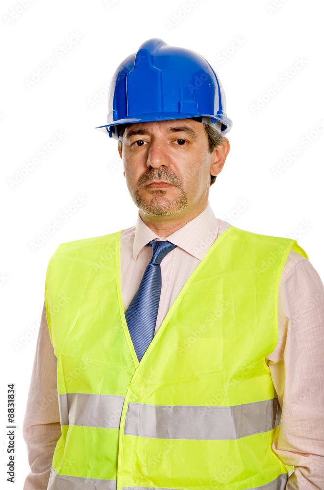 An engineer with blue hat, isolated on white An engineer with blue hat, isolated on white