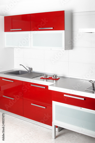 Modern red professional kitchen  and eqipment