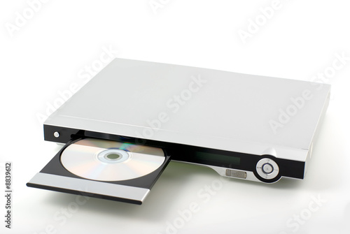 Silver DVD player with an open receivers and disk
