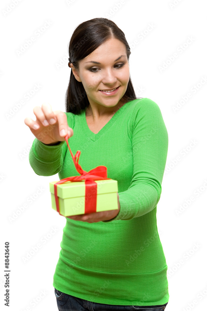 attractive brunette woman with gift on white background attractive brunette woman with gift on white background