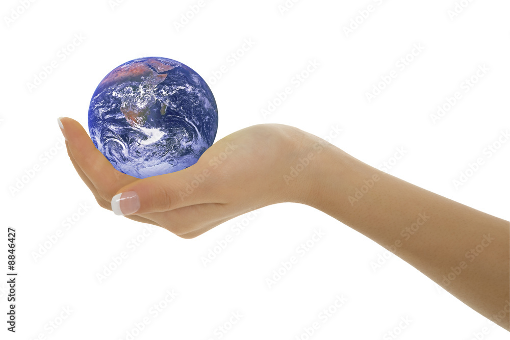 Caucasian female hand holding the earth on white backgound Caucasian female hand holding the earth on white backgound