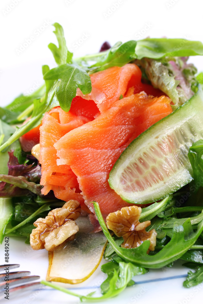 Salad of smoked salmon, walnuts, pear, cucumber and rocket. Salad of smoked salmon, walnuts, pear, cucumber and rocket.