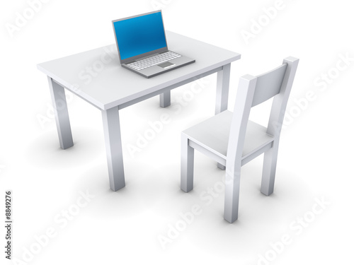 An isolated simple table with notebook on white background