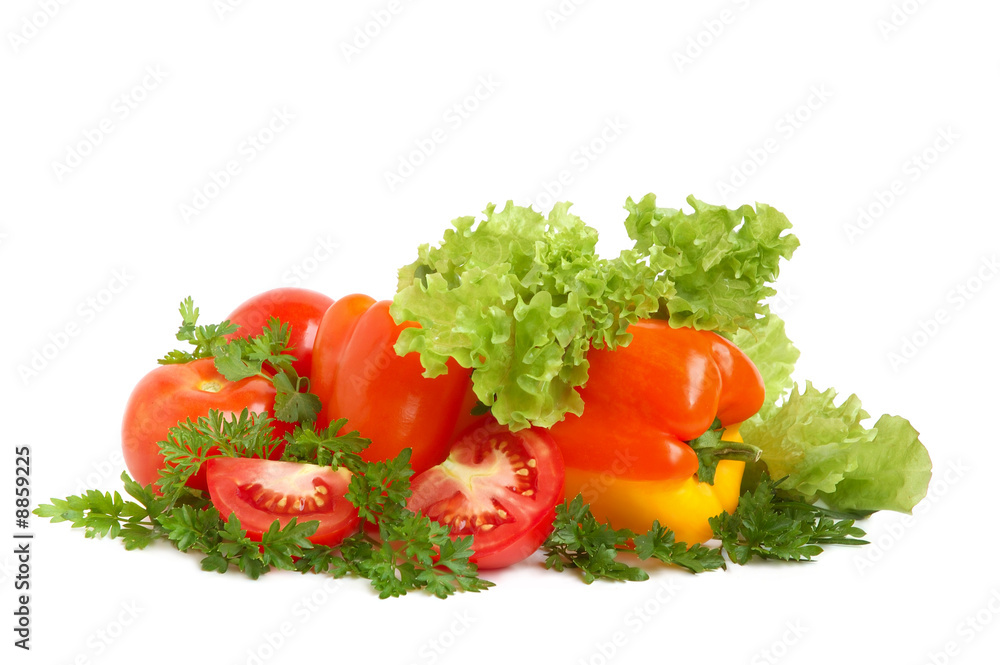 Orange and yellow bell peppers, tomatos, lettuce and parsley Orange and yellow bell peppers, tomatos, lettuce and parsley