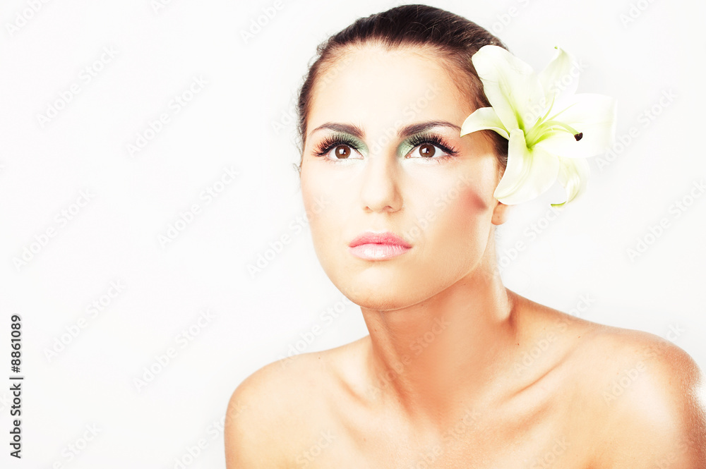 Close-up of beautiful girl with flowers On white background Close-up of beautiful girl with flowers On white background