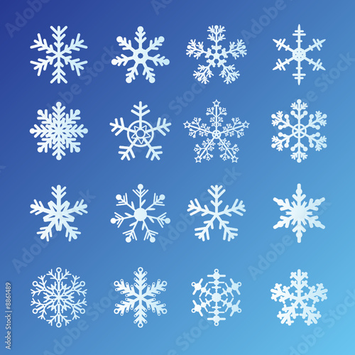 16 Snowflakes Set On Blue Background. Easy to edit vector.