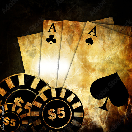 Vintage playing cards on a dark background with some poker chips