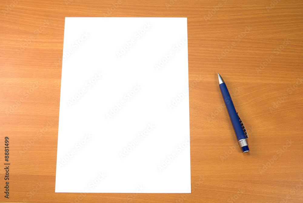 Blank paper sheet and pen on wooden table surface. Blank paper sheet and pen on wooden table surface.