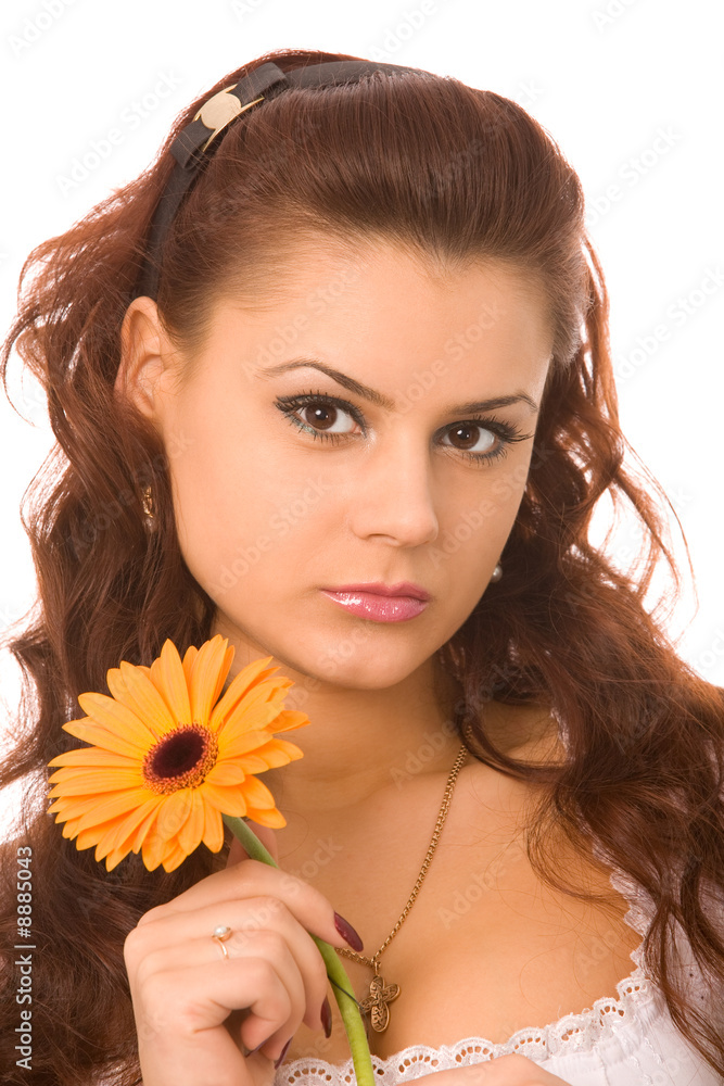 young woman with flower on a white background