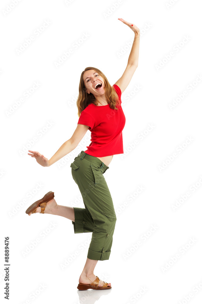 Happy funny woman. Isolated over white background.