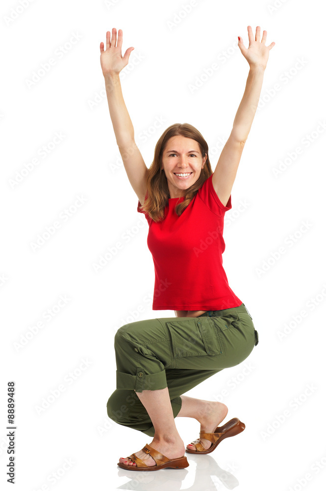 Happy funny woman. Isolated over white background.