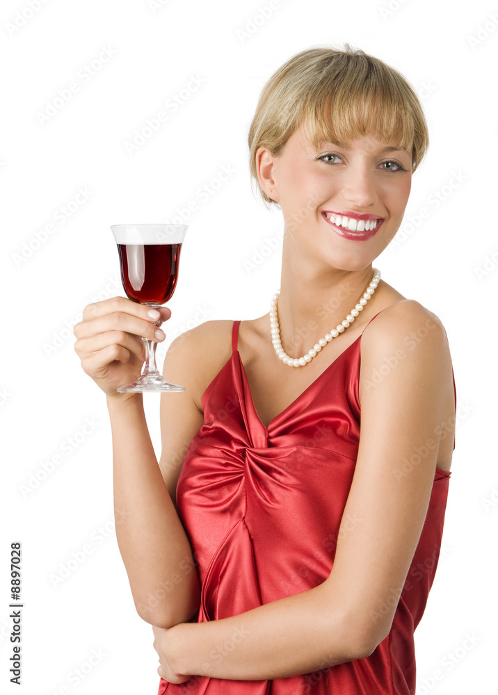 stylish lady in red drinking red wine with a great smile stylish lady in red drinking red wine with a great smile
