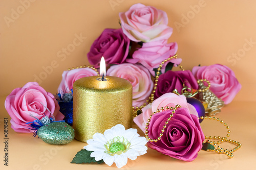 Golden candle and flowers 02