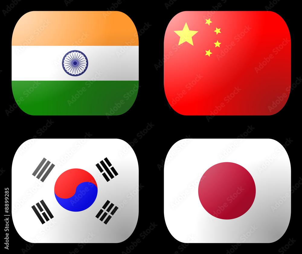China India Japan and South Korea Flag buttons illustration