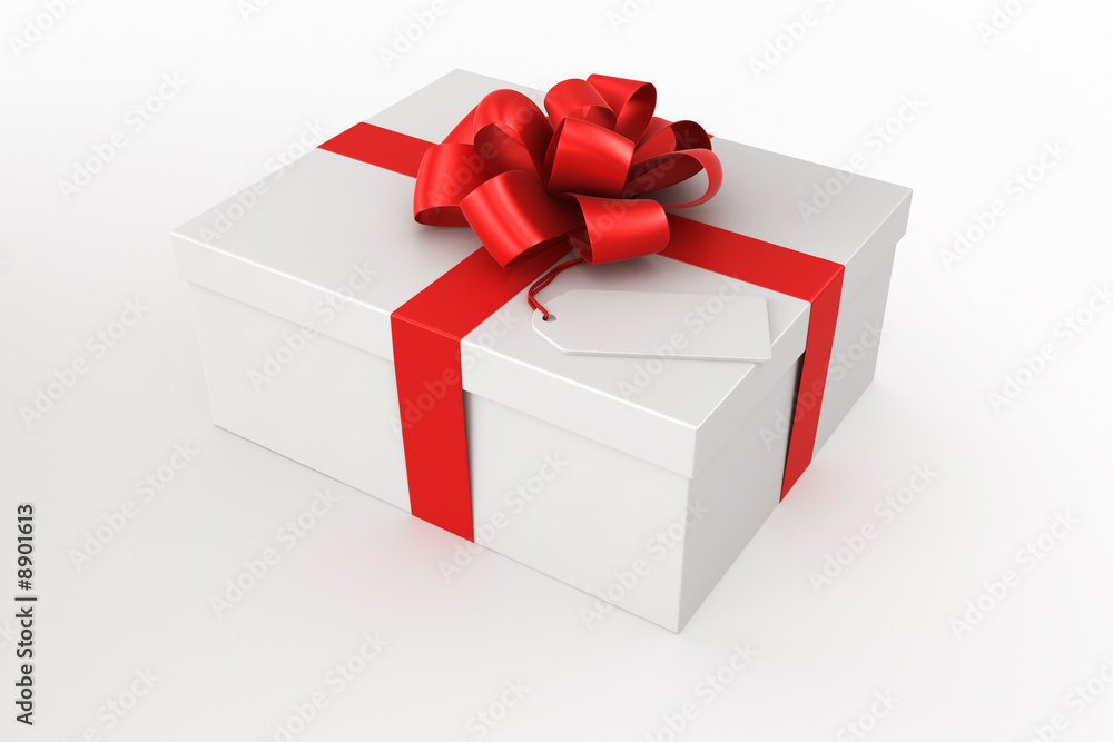 3d rendering of a white gift box with a tag 3d rendering of a white gift box with a tag