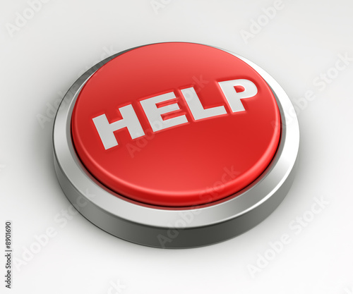 3d rendering of a red button with help written on it.