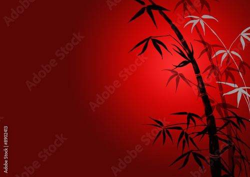 bamboo leaves on ared background.