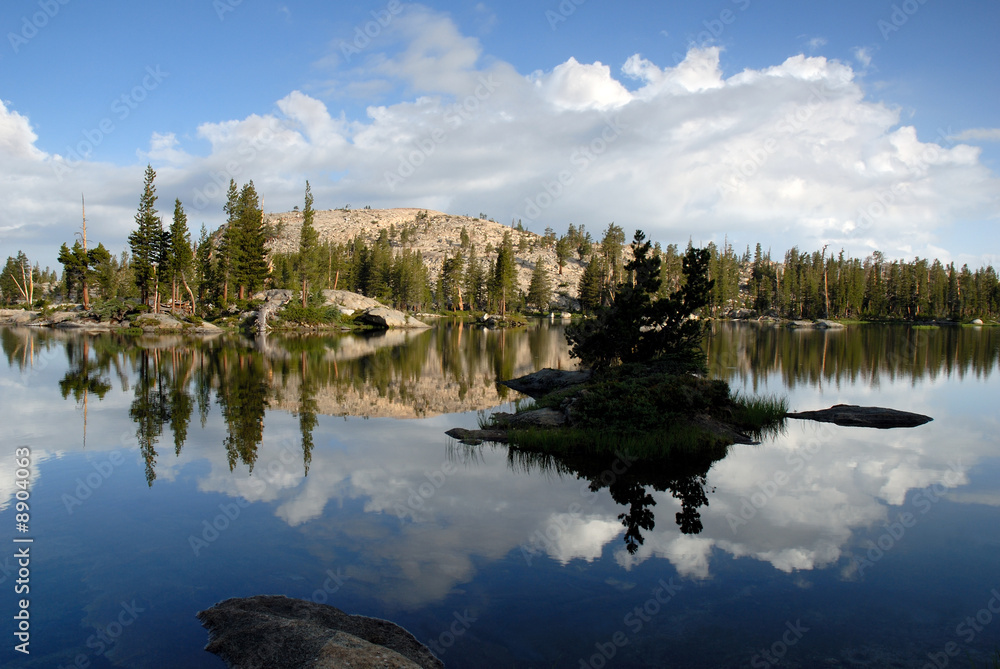 Dramatic clouds, dome, reflected in lake, Emigrant Wilderness