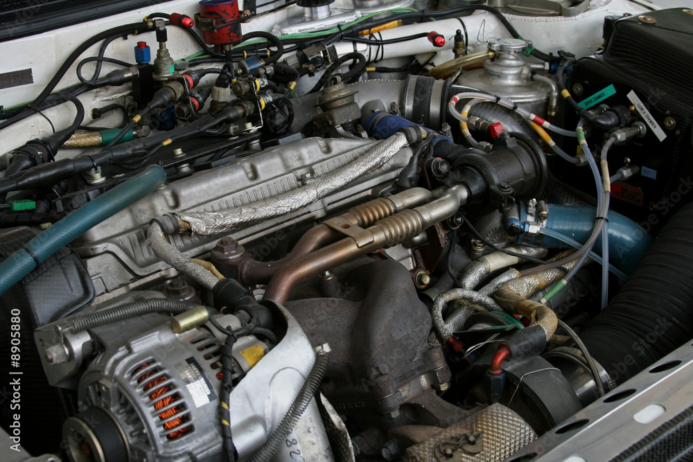 exposed racing car engine under the hood exposed racing car engine under the hood