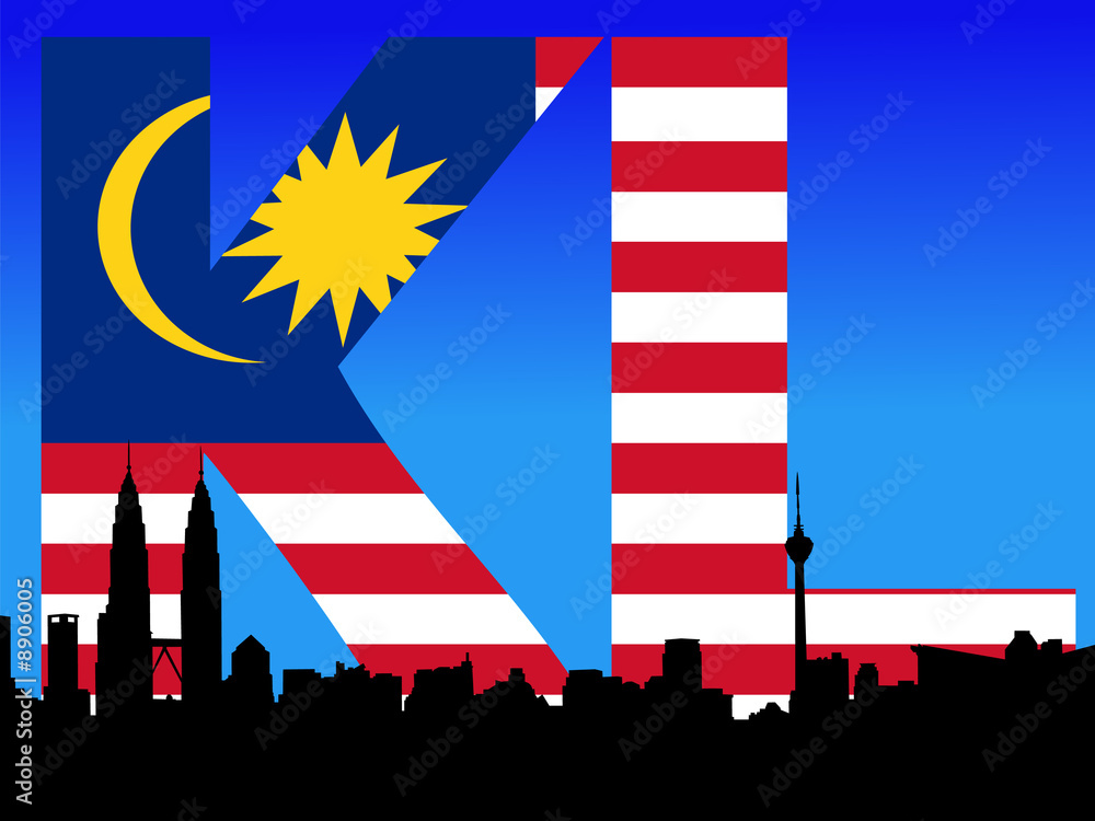 Naklejka premium Kuala Lumpur skyline and Petronas Towers with flag text