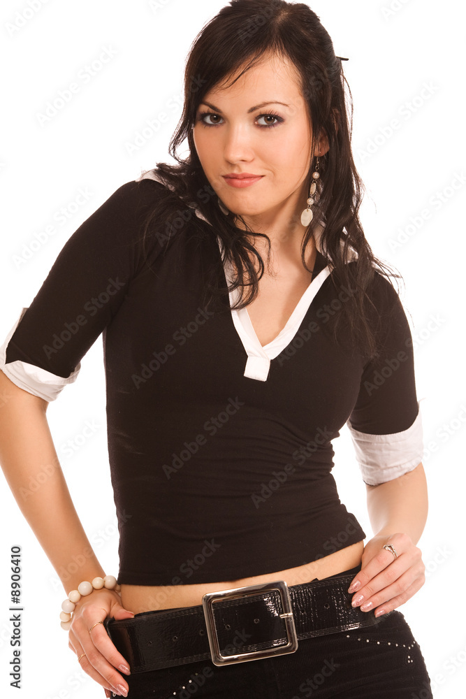 close-up portrait of brunette woman on white background close-up portrait of brunette woman on white background