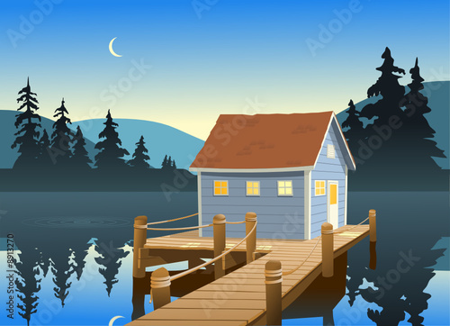 Illustration of a fishing shack on a quiet, calm, lake.