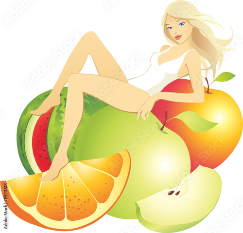 blonde beautiful woman with fruits