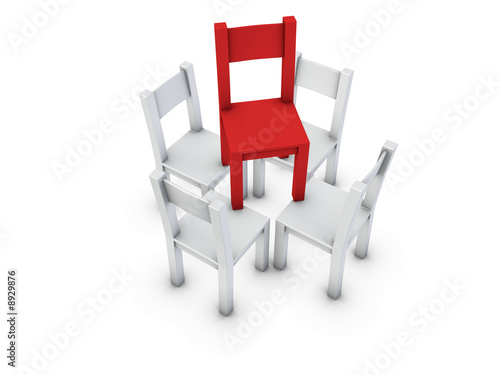An isolated gray chairs supporting red one on white background