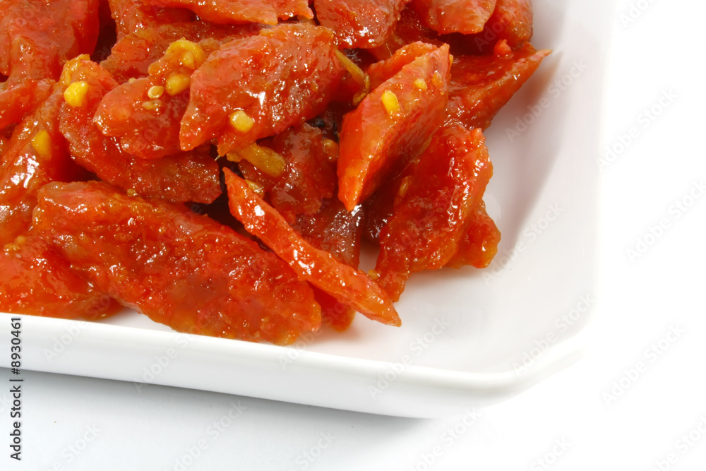 Chinese Sausages Asian Cuisine Food Dish on a White Plate Chinese Sausages Asian Cuisine Food Dish on a White Plate