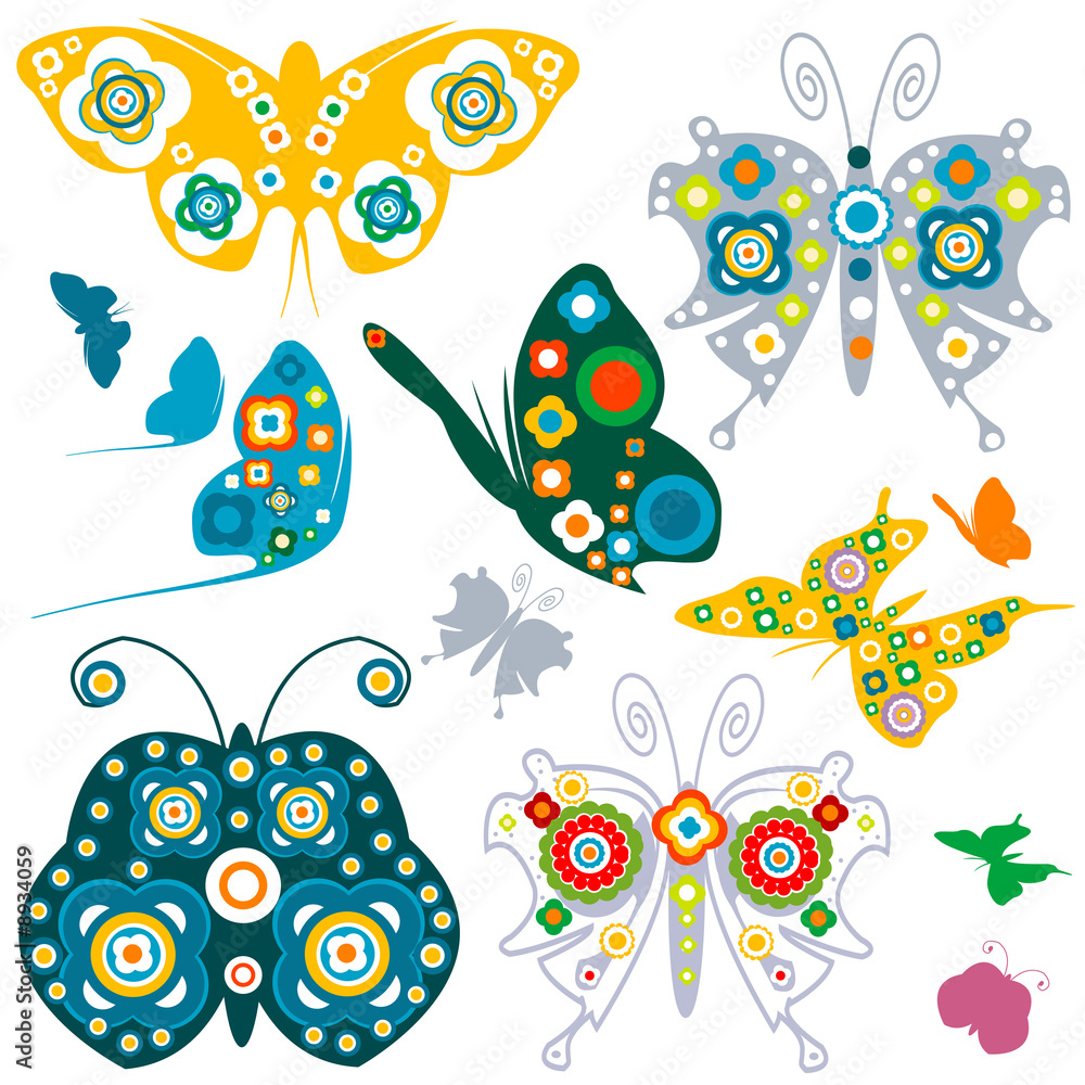 retro elements, flowers and butterflies retro elements, flowers and butterflies