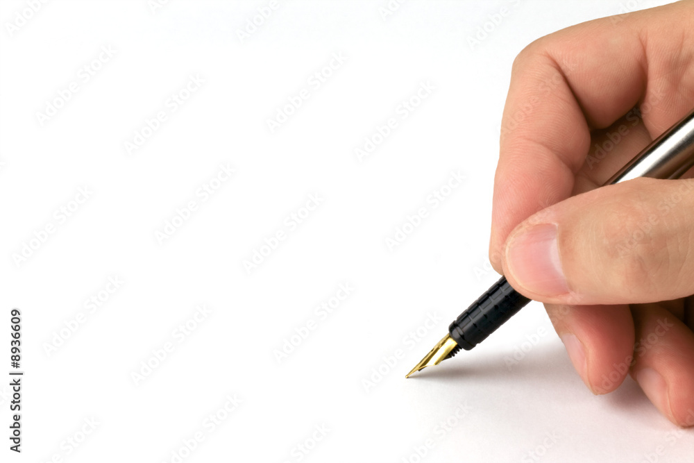 Man write on white background with fountain pen Man write on white background with fountain pen