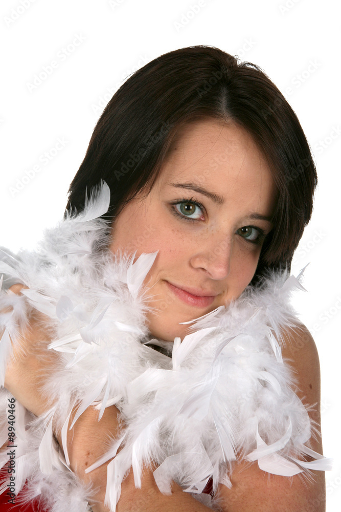 attractive teen with white feather boa