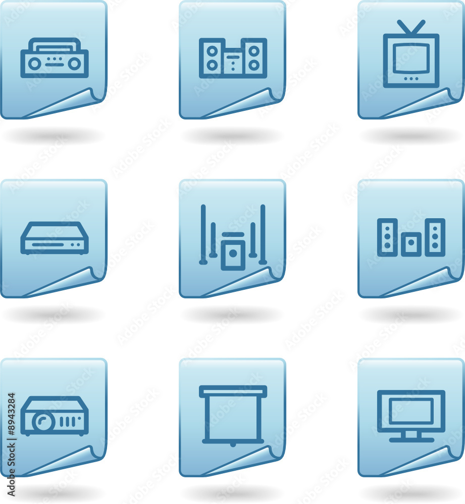 Audio and video icons, blue sticker series
