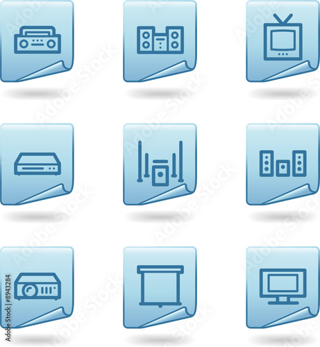 Audio and video icons, blue sticker series