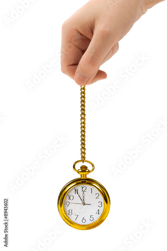 Hand with retro watch and chain isolated on white background
