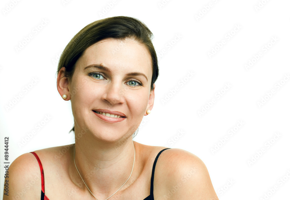 Portrait of smiling young woman on white background. Portrait of smiling young woman on white background.