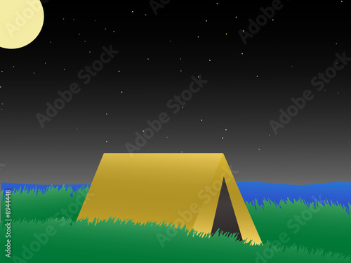 Camping on a grassy hill near lake daytime VECTOR