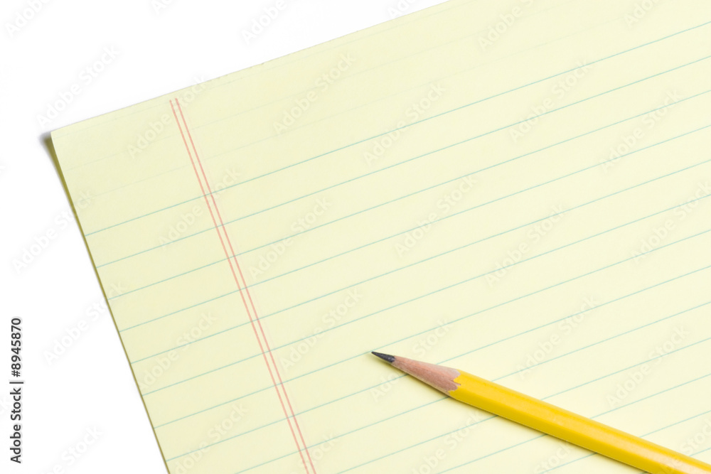 Blank Yellow Ruled Sheet of Paper With Pencil on White Blank Yellow Ruled Sheet of Paper With Pencil on White