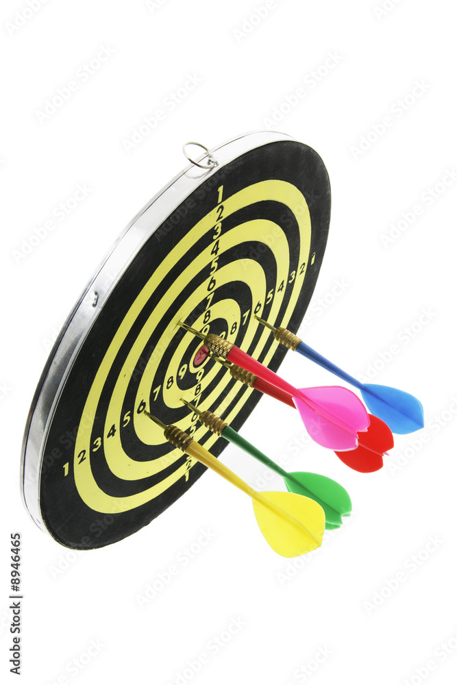 Darts on Dart Board on White Background Darts on Dart Board on White Background