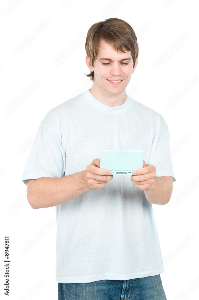 A man in casual clothing playing a game in the studio A man in casual clothing playing a game in the studio