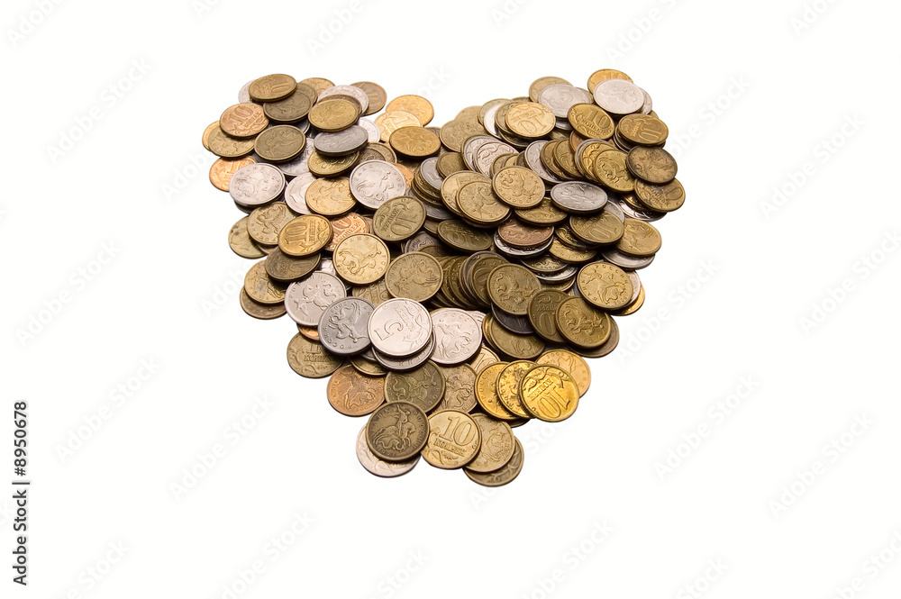 Coins as heart on white background Coins as heart on white background