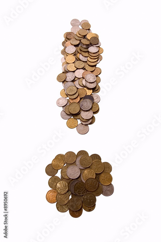 Coins as  exclamation mark  on white