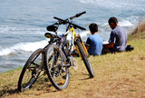 Padre e figlio, biciclette in primo piano, riva del mare