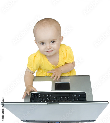 Little babygirl with laptop, isolated