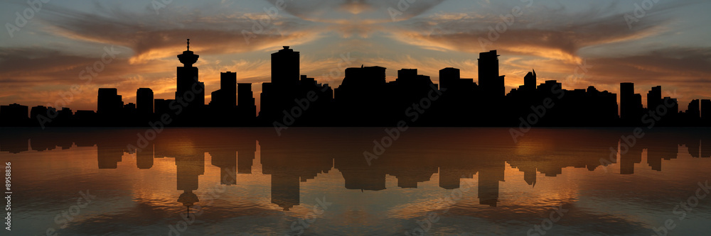 Naklejka premium Panoramę Vancouver o zachodzie słońca odzwierciedlenie w ilustracji wody